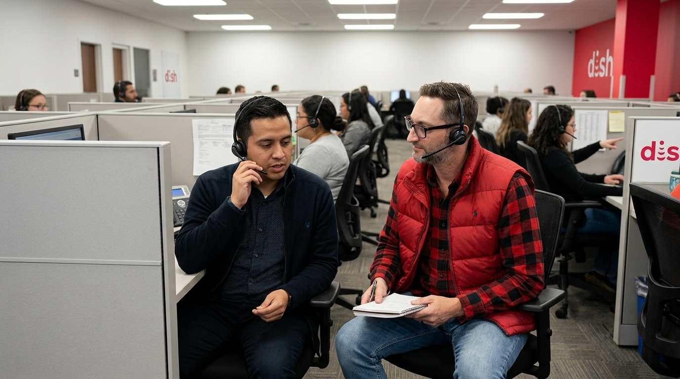 A researcher wearing a headset and holding a notebook sits with a CSR agent who is on a call in a busy contact center