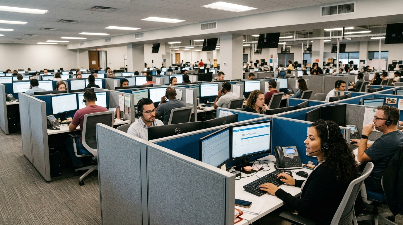 A busy contact center floor, rows of cubicles with agents on headsets at their screens