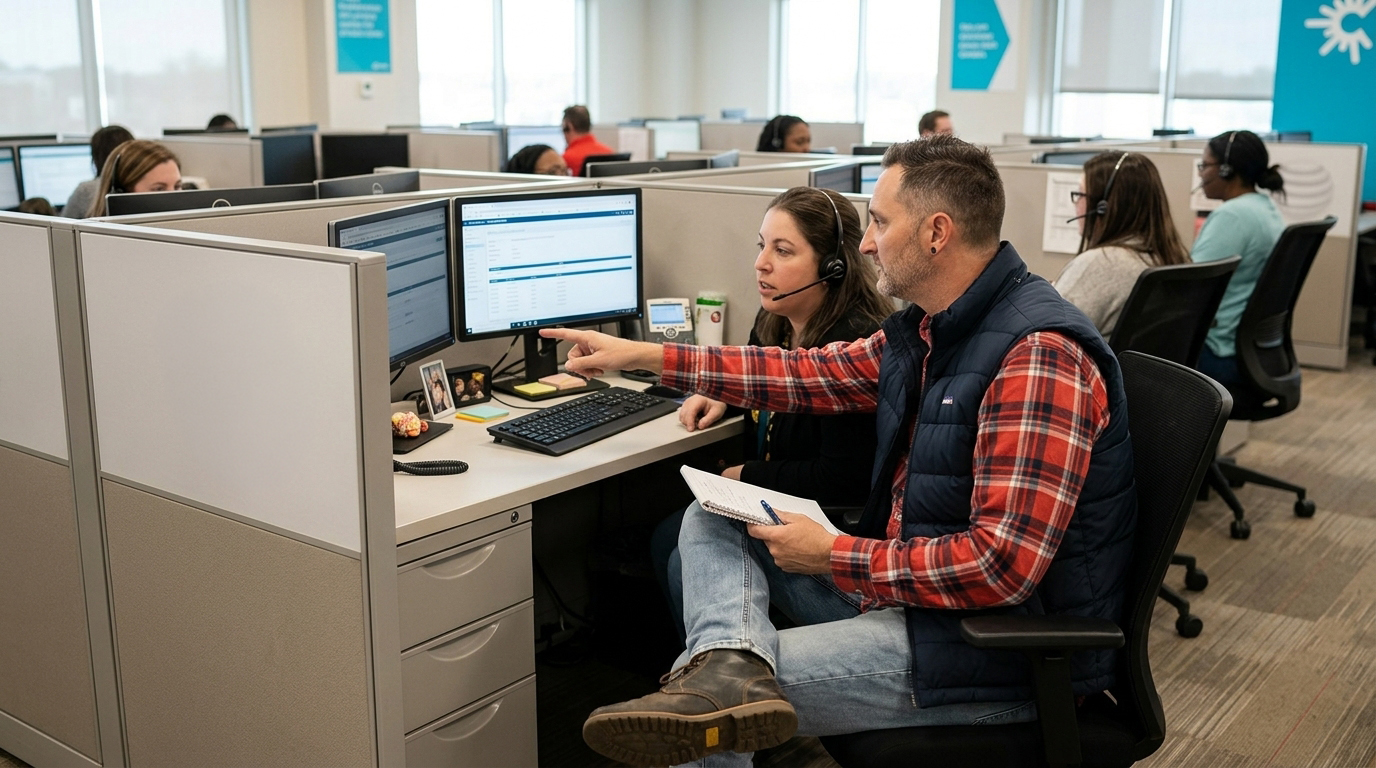 A researcher seated beside a CSR agent at her desk in a contact center, pointing at her screen while she takes a call